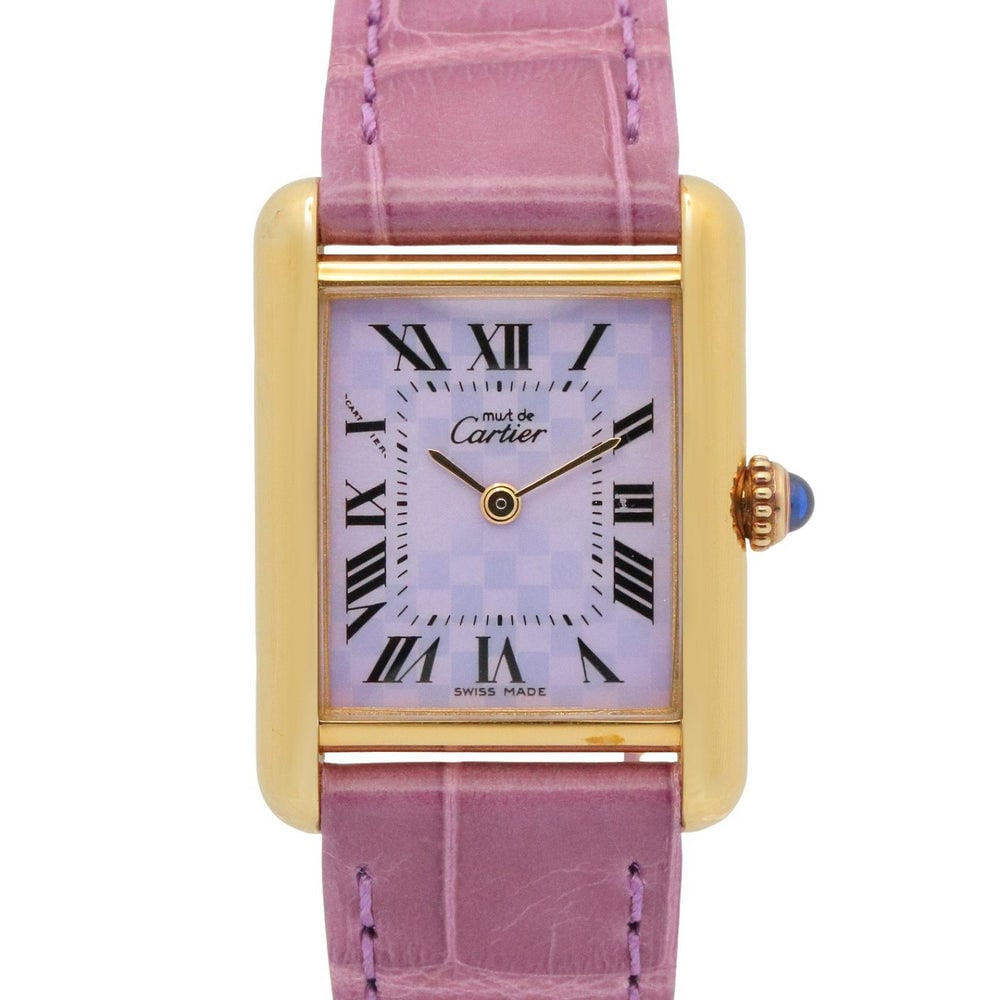 Cartier Must Tank Vermeil: Cartier Must Tank Vermeil SM women's quartz watch in GP with purple crocodile leather.