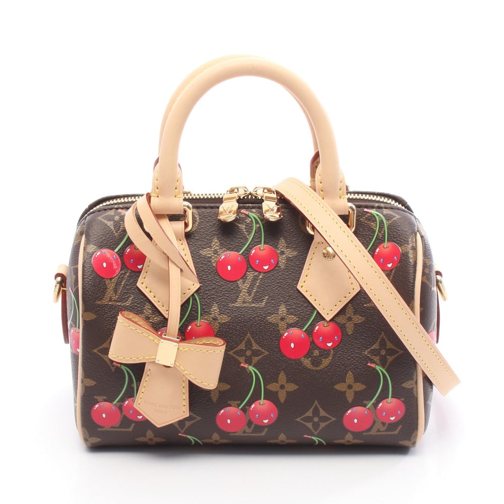 LV Speedy Bandouliere 20 2WAY: Louis Vuitton x Takashi Murakami Speedy Bandouliere 20 Monogram cherry handbag in brown PVC and leather with 2WAY carry.