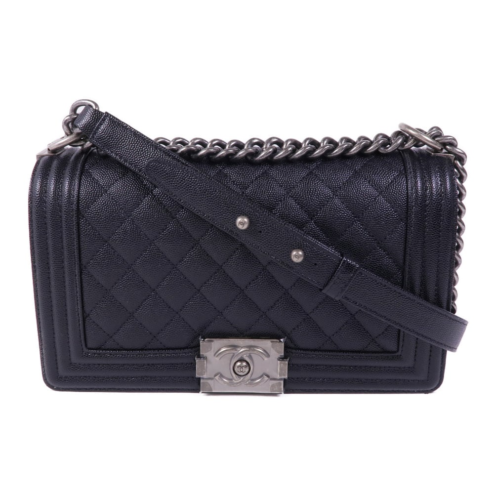 Chanel Boy 25 Chain Bag: Chanel Boy 25 chain shoulder bag A67086 in black calfskin leather with silver hardware.