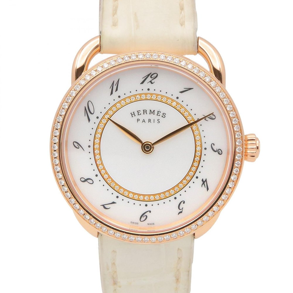 Hermes Arceau Diamond Watch: Hermes Arceau women's quartz watch in K18PG pink gold with diamond and white crocodile leather.