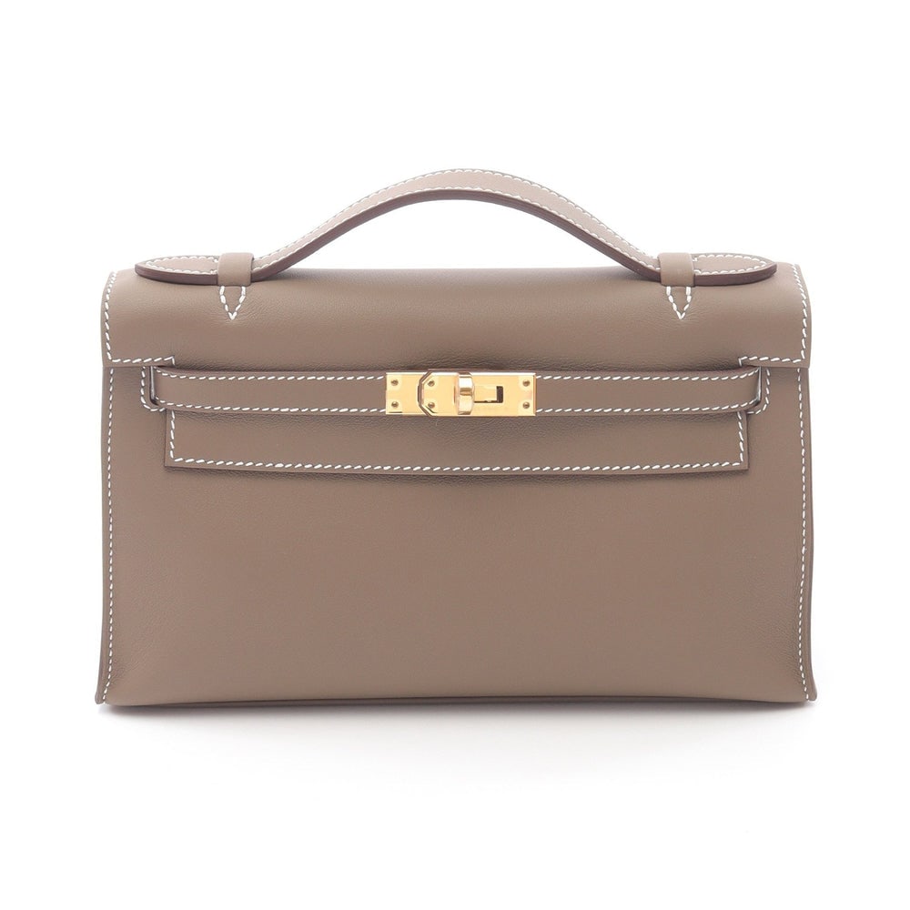 Pochette kelly Mini Handbag Veau Swift Gray brown Gold hardware K stamp: Pochette kelly Mini Handbag Veau Swift Gray brown Gold hardware K stamp