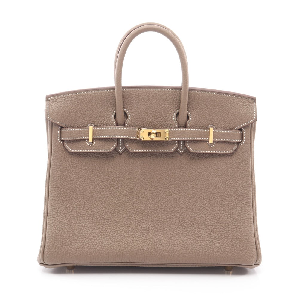 Hermes Birkin 25 Etoupe: Hermes Birkin 25 Etoupe handbag in gray brown Togo with gold hardware K stamp.