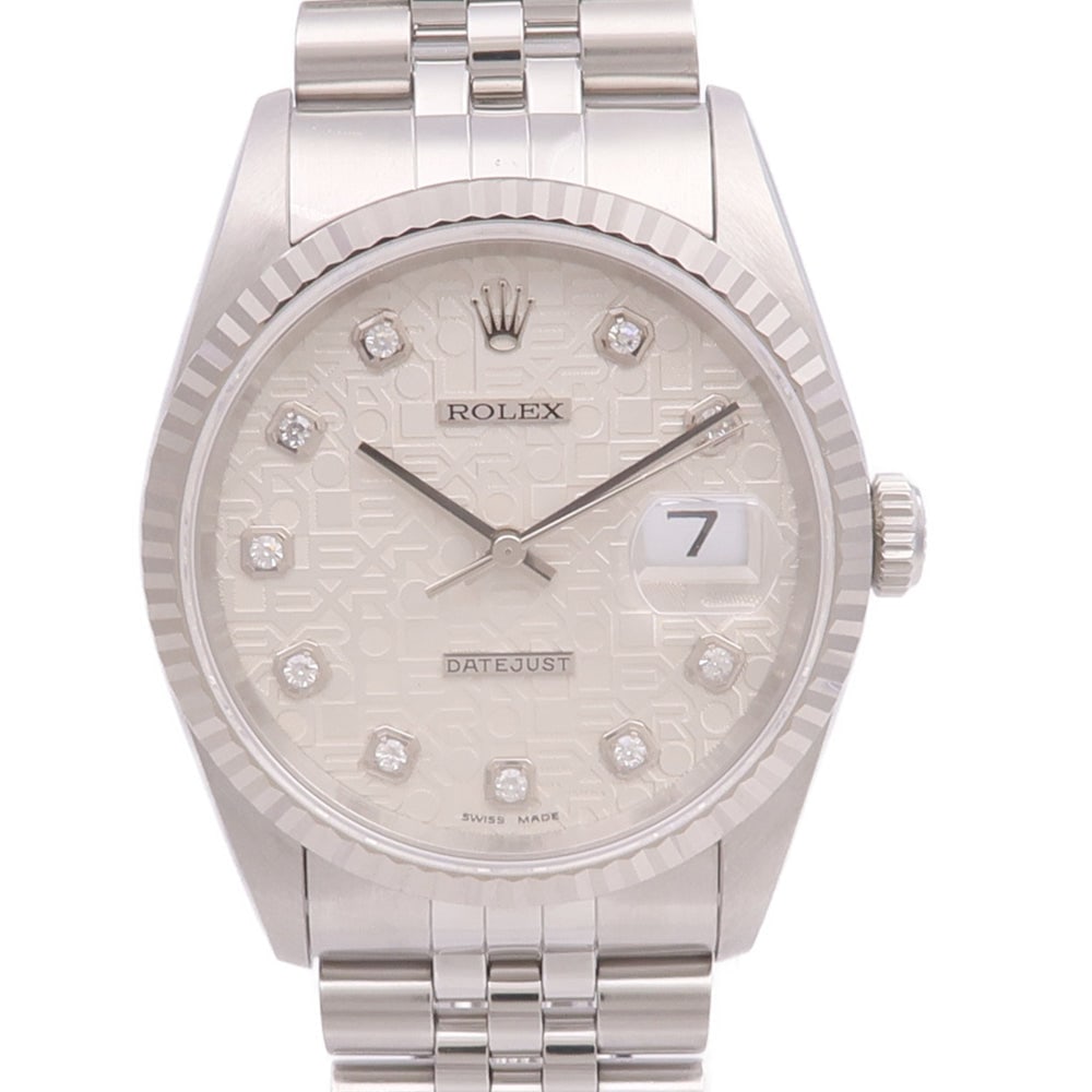 Rolex Datejust 16234G Automatic: Silver automatic watch in 18K white gold, stainless steel, and diamond. Includes guarantee. 36mm case, max wrist 17cm.