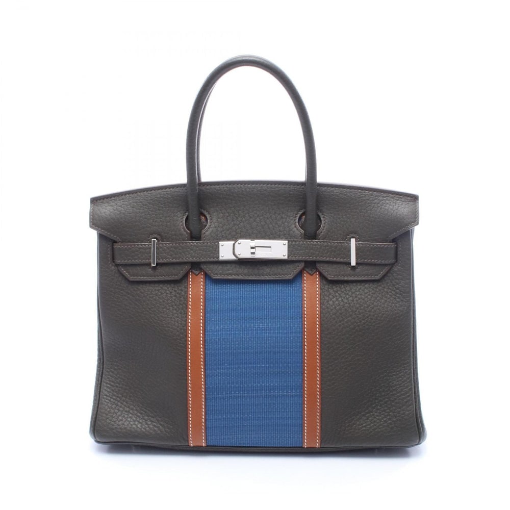 Hermes Birkin 30 Club Multicolor: Khaki green brown blue Fjord leather and veau Balenia Ottoman handbag with silver hardware. 30 x 24 x 15 cm.