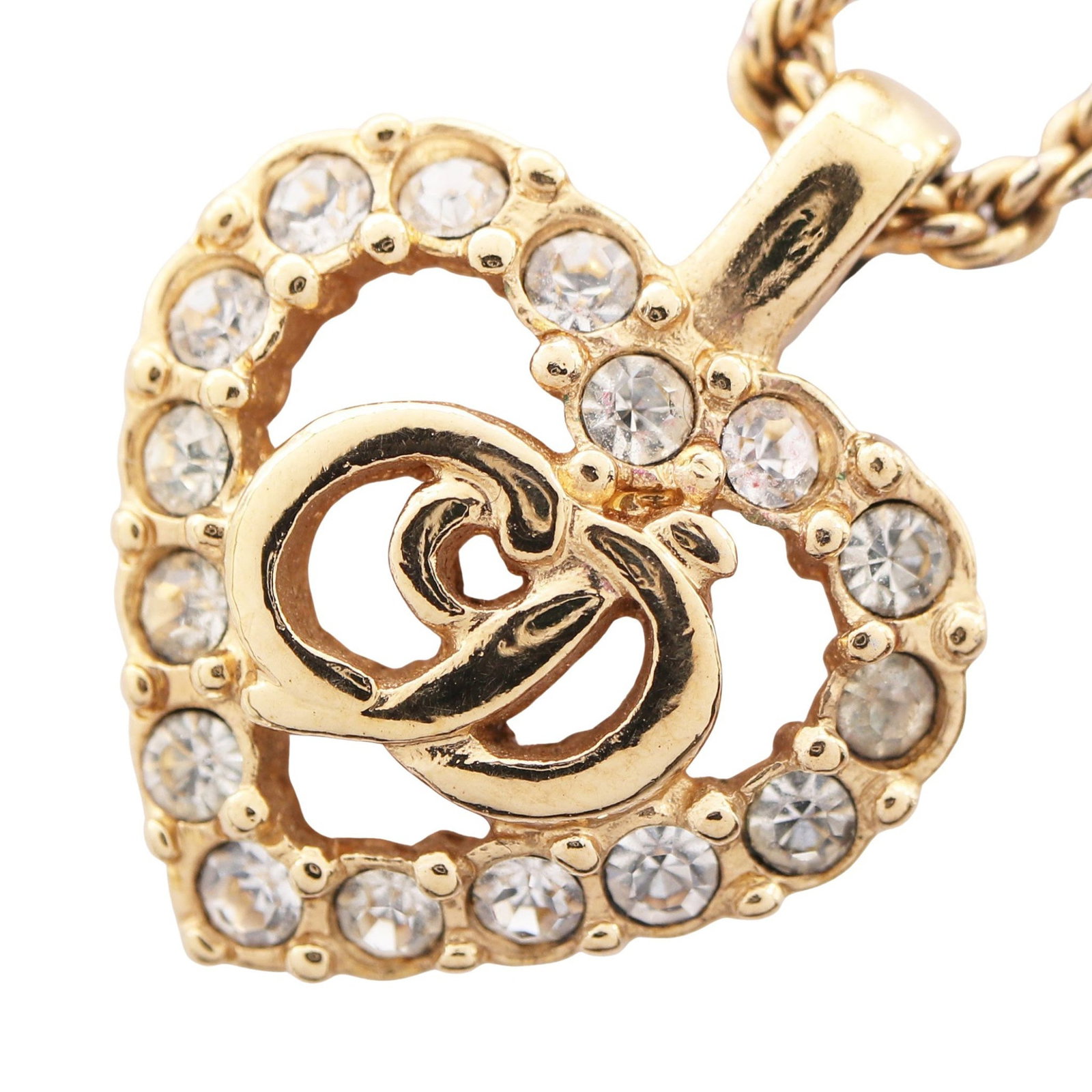 Dior CD Heart GP Gold Necklace: CD logo Heart necklace in gold plated finish with clear rhinestones.
