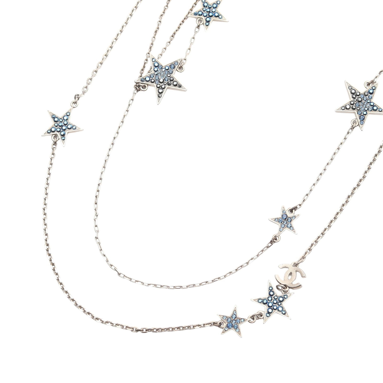 Chanel Star Triple Necklace Silver: Coco Mark Star Triple necklace in silver tone with blue and yellow detail.