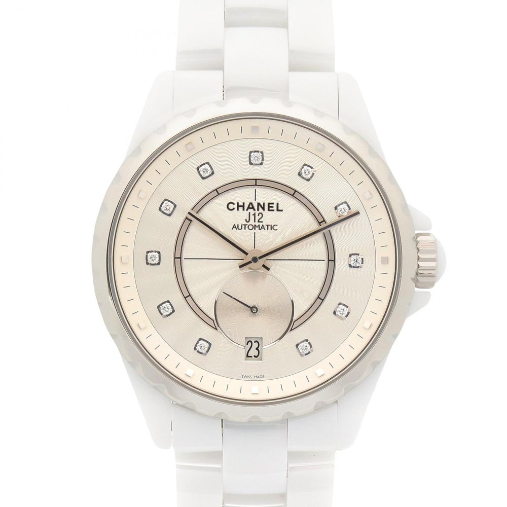 Chanel J12-365 H4345 Auto Diamond: Automatic J12-365 H4345 in ceramic with diamond and silver tone. Case 37mm, max wrist 17cm. Includes box and guarantee card.