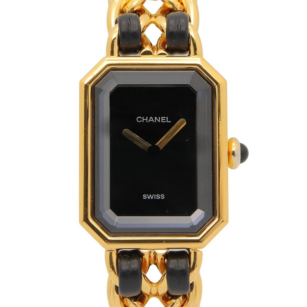 Chanel Premiere Quartz Gold Plated Black: Quartz Chanel Premiere H0001 with gold plated case and black leather. Case 26x20mm, max wrist 14.5cm.