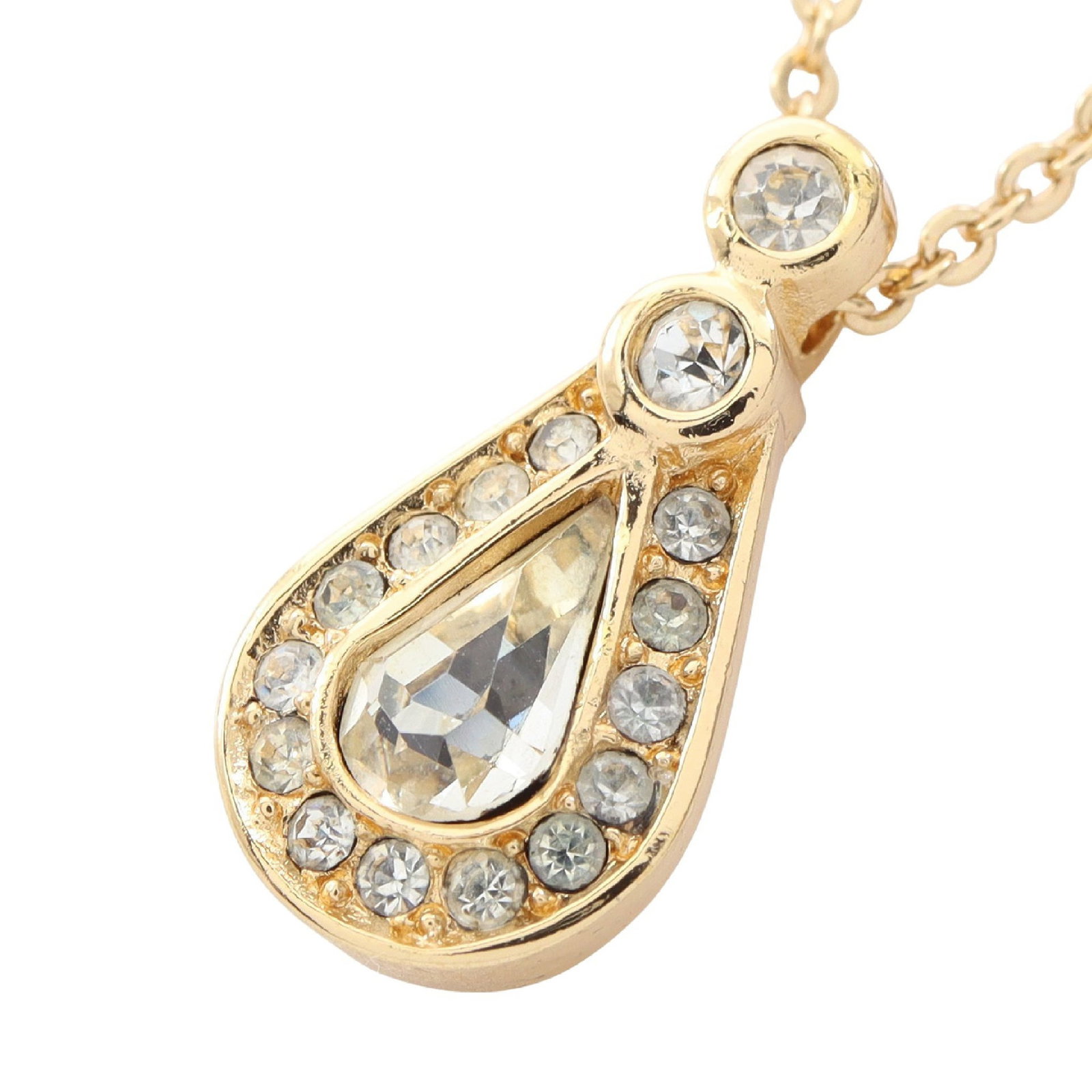 Dior Teardrop GP Gold Necklace: Teardrop necklace in gold plated finish with rhinestone.
