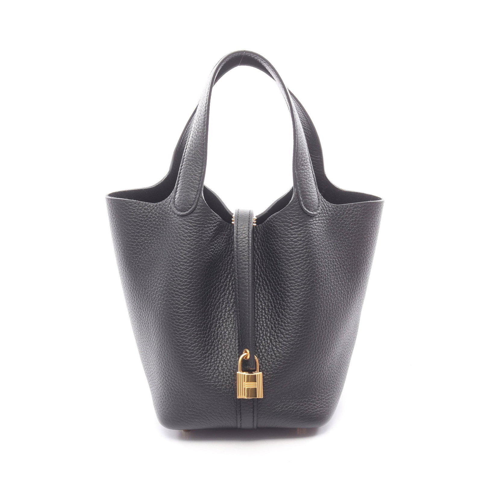 Hermes Picotan Lock PM Black: Black Clemence leather handbag with gold-tone hardware.