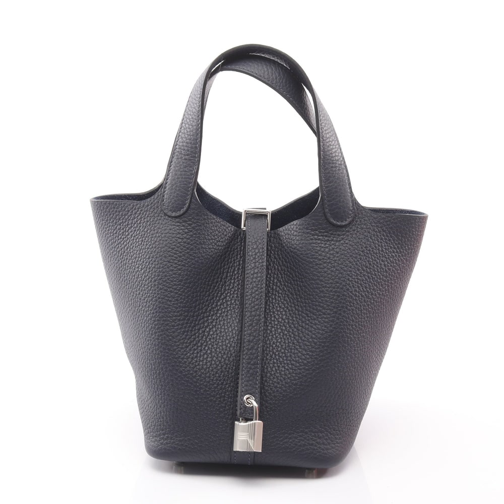 Hermes Picotan Lock PM Bleu Nuit: Navy Clemence leather handbag with silver-tone hardware.