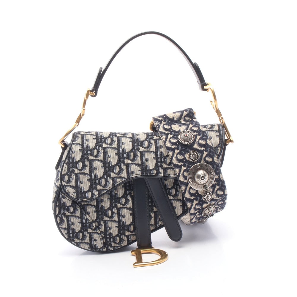 Dior Saddle Mini Oblique 2 Way: Navy and beige canvas leather 2 way bag.