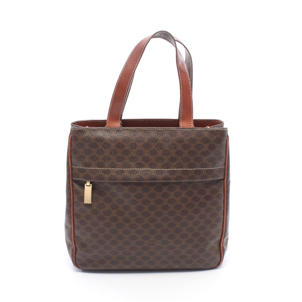 Celine Macadam Mini Tote Dark Brown: Macadam mini tote in dark brown PVC and leather. Size 24 x 24 x 10 cm. Handle 33 cm.