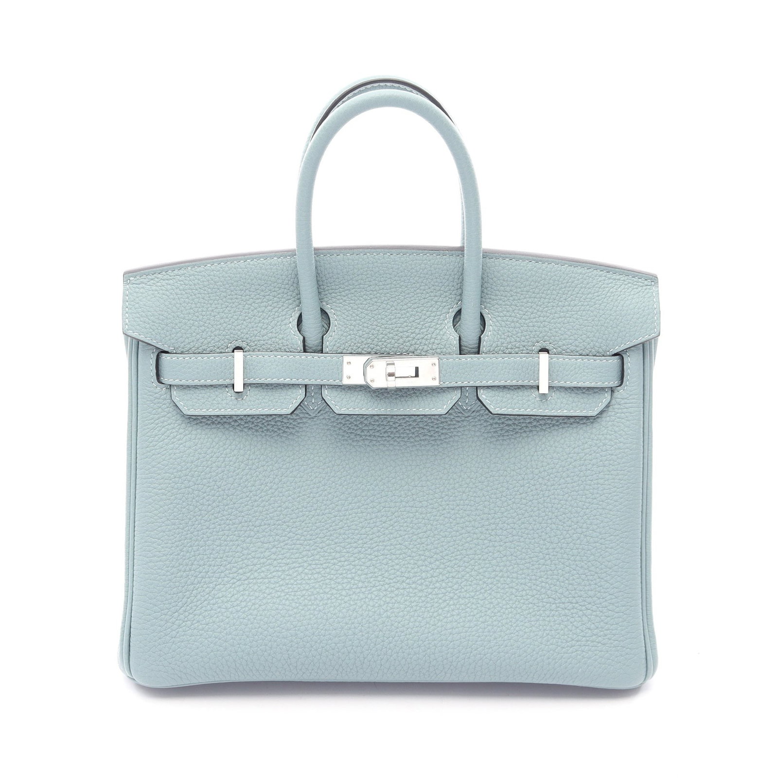 Hermes Birkin 25 Light Blue: Light blue Togo leather handbag with silver-tone hardware.