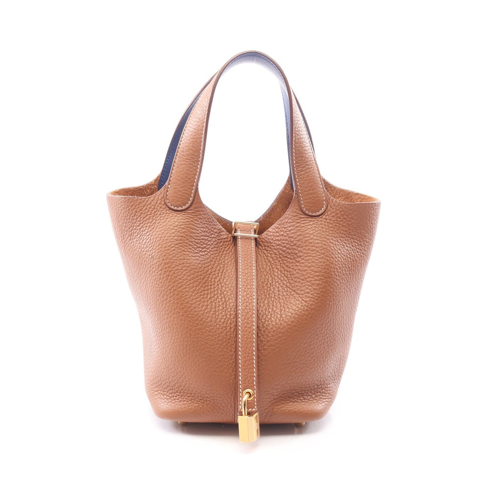 Hermes Picotan Lock PM Gold: Brown Clemence and Swift leather handbag with gold-tone hardware.