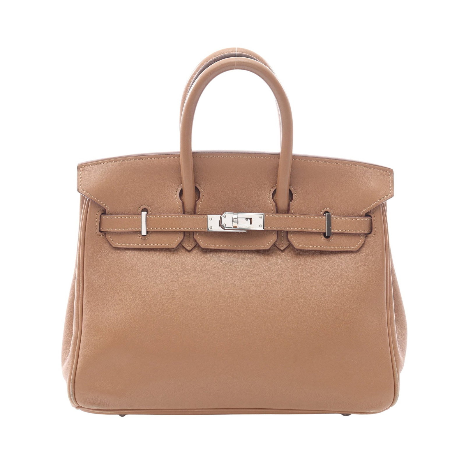 Hermes Birkin 25 Poussiere: Light brown Swift leather handbag with silver-tone hardware.