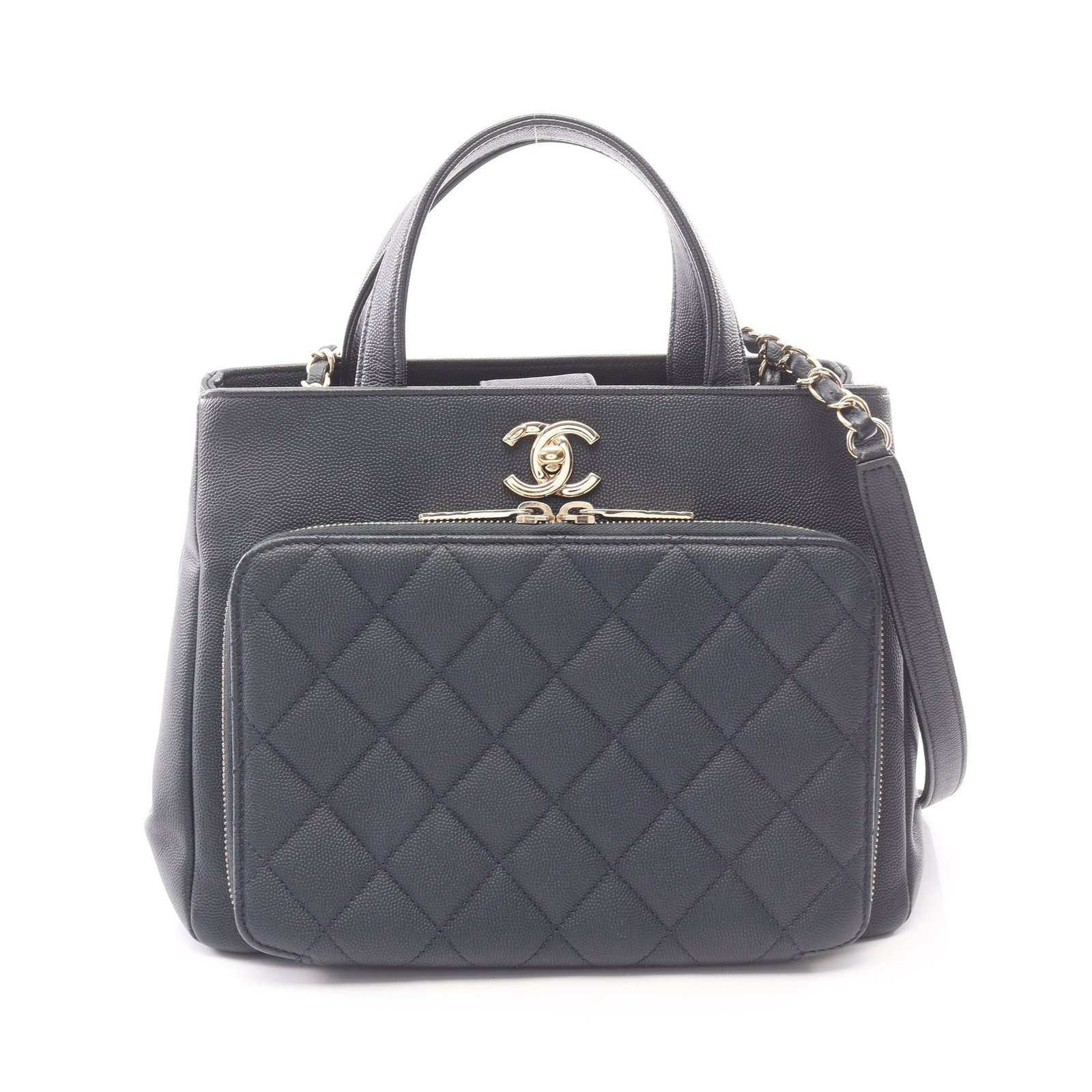 Chanel Business Affinity Navy: Navy caviar skin 2-way chain shoulder bag with gold-tone hardware.