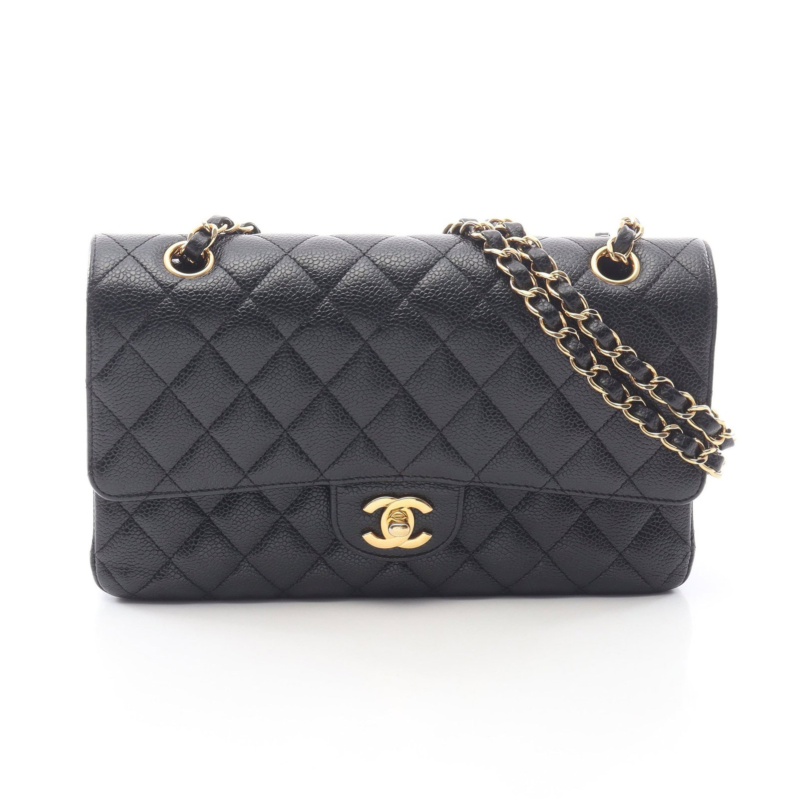 Chanel Double Flap Black Caviar: Black caviar skin double flap chain shoulder bag with gold-tone hardware.