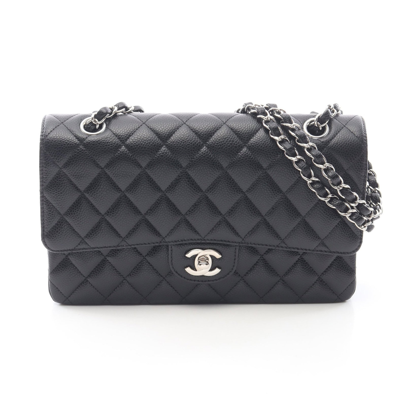Chanel Double Flap Black Caviar: Black caviar skin double flap chain shoulder bag with silver-tone hardware.
