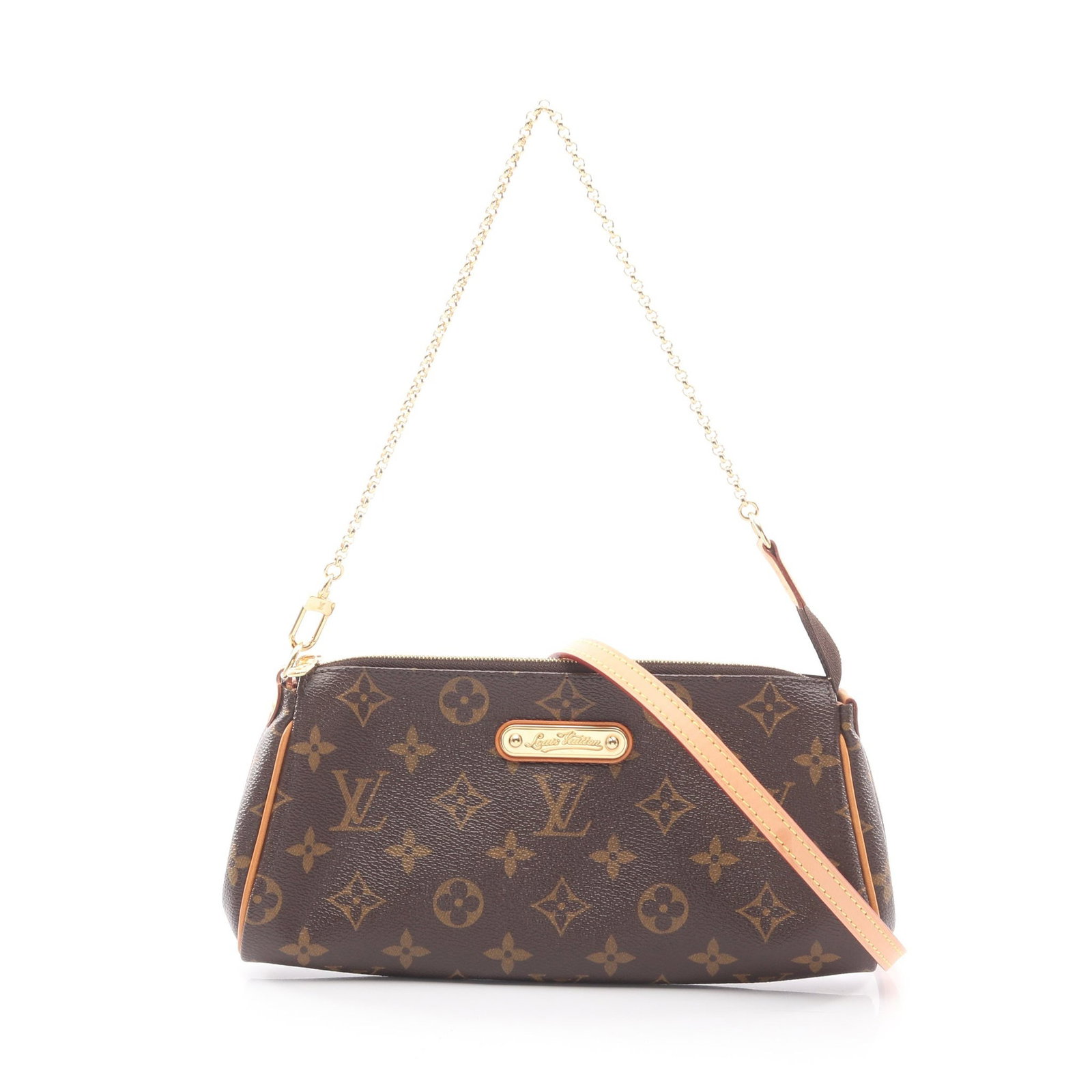 LV Eva Monogram 2 Way Chain: Eva 2 way chain shoulder bag in brown Monogram canvas. Includes shoulder strap. Size 25 x 12 x 4 cm.