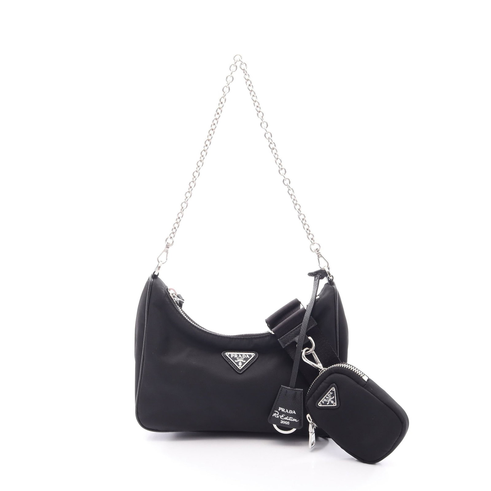 Prada Re-Edition 2005 Black: Re-Edition 2005 2 way chain shoulder bag in black nylon and saffiano leather. Includes shoulder strap, pouch, and crochet with key ring. Size 22 x 11 x 6 cm.