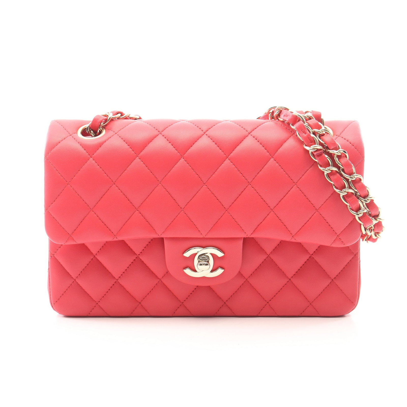 Chanel Double Flap Pink: Pink lambskin double flap double chain shoulder bag with gold-tone hardware.