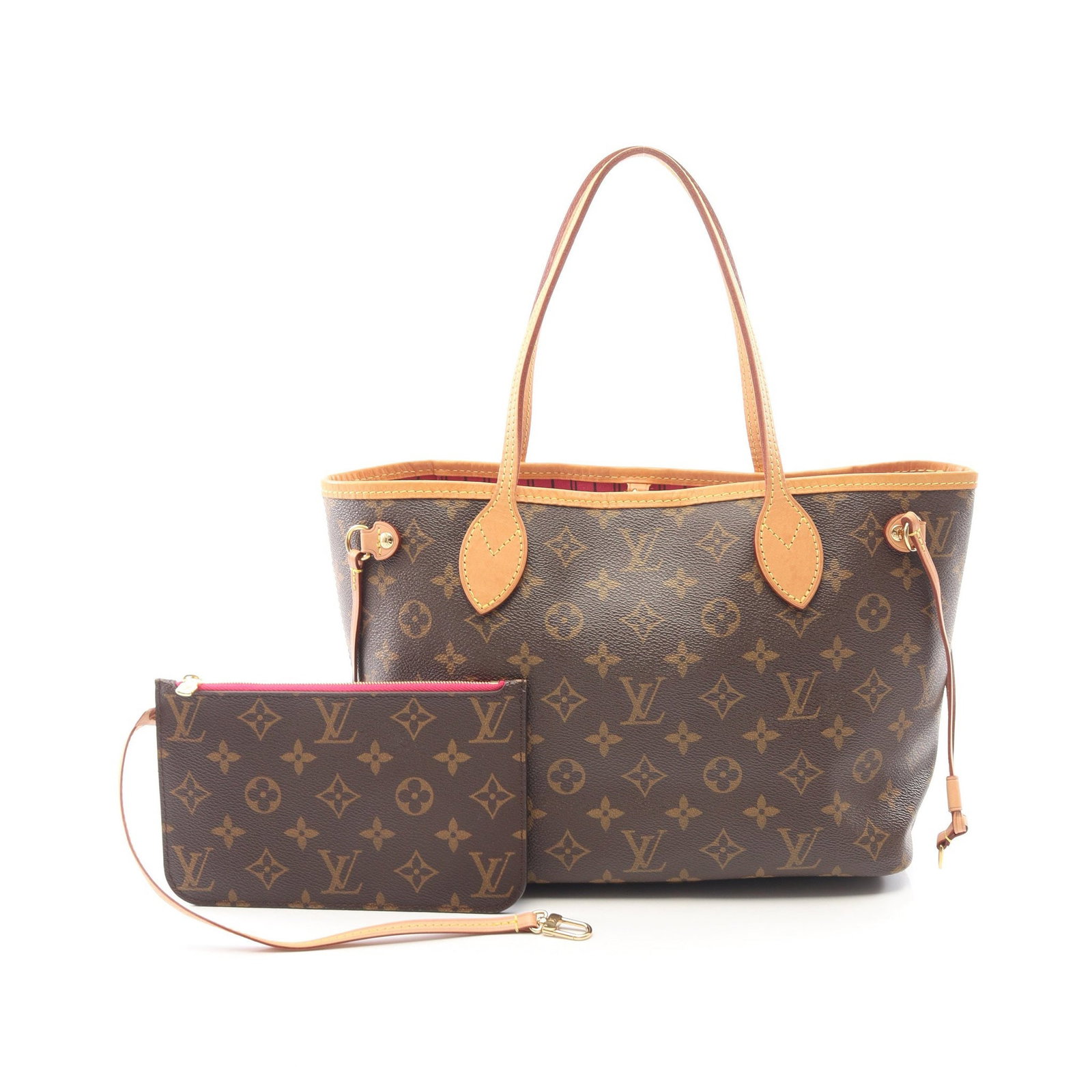 LV Neverfull PM Monogram Pivoine: Neverfull PM tote in brown Monogram canvas. Includes pouch. Size 37 x 21 x 13 cm.