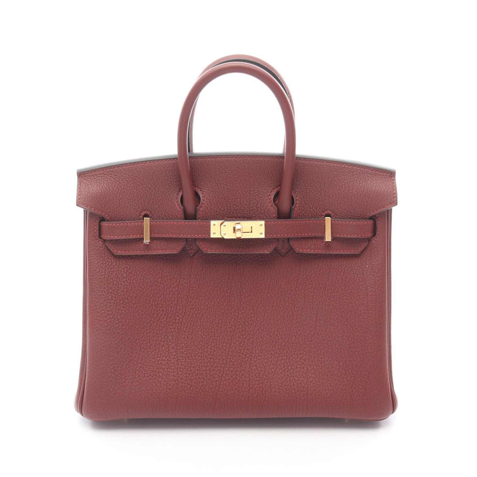 Hermes Birkin 25 Rouge Ash: Bordeaux Togo leather handbag with gold-tone hardware.
