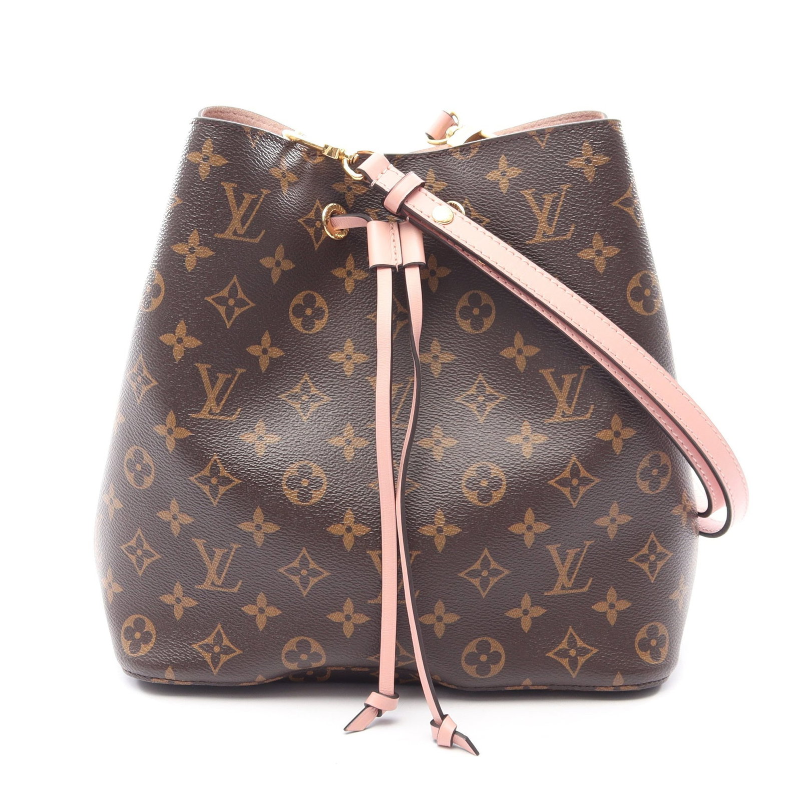 Louis Vuitton NeoNoe Rose Poudre: Brown and light pink monogram shoulder bag.