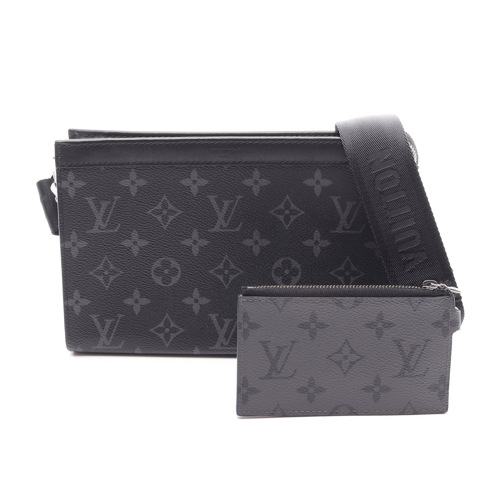 Louis Vuitton Gaston Wearable Wallet: Black and gray PVC wearable wallet shoulder bag.