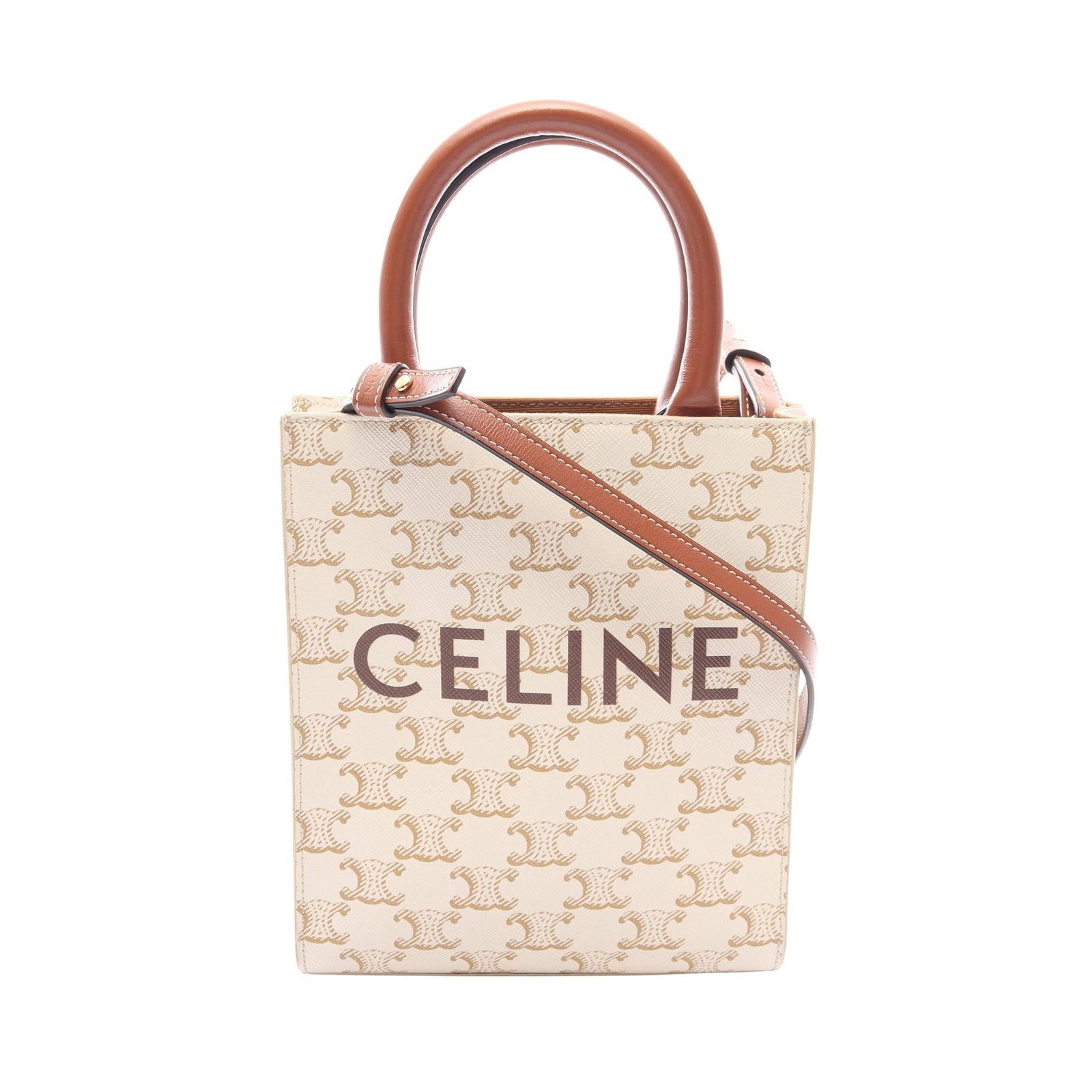 Celine Mini Vertical Cabas Off White: Mini Vertical Cabas Triomphe 2 way handbag in off white and brown PVC and leather. Size 17 x 20 x 5 cm.