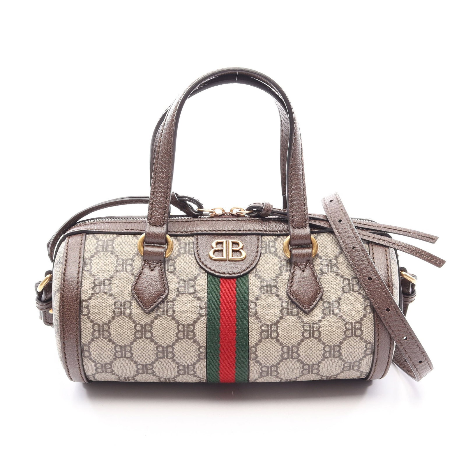 Gucci Hacker Project 2 Way Beige: Balenciaga x Gucci The Hacker Project 2 way handbag in beige and brown PVC and leather. Includes shoulder strap. Size 24 x 13 x 10 cm.