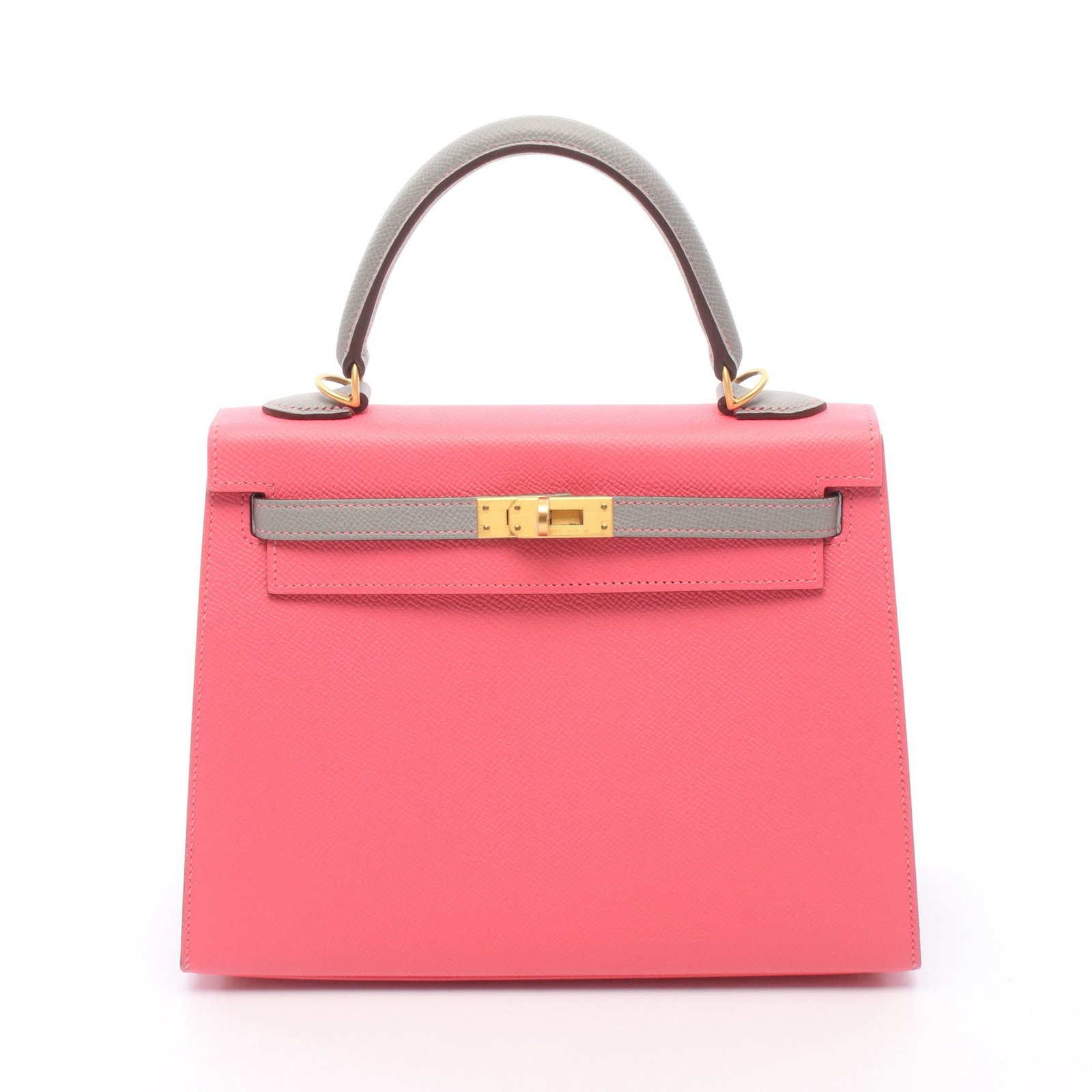 Hermes Kelly 25 Rose Azalee PO: Pink and gray Veau Epsom personal order 2-way handbag.