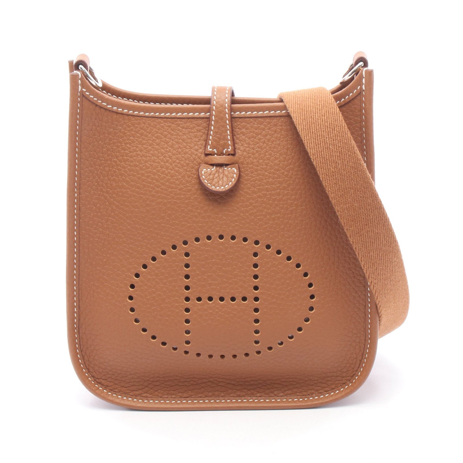 Hermes Evelyne TPM Gold SHW: Gold Clemence leather shoulder bag with silver-tone hardware.