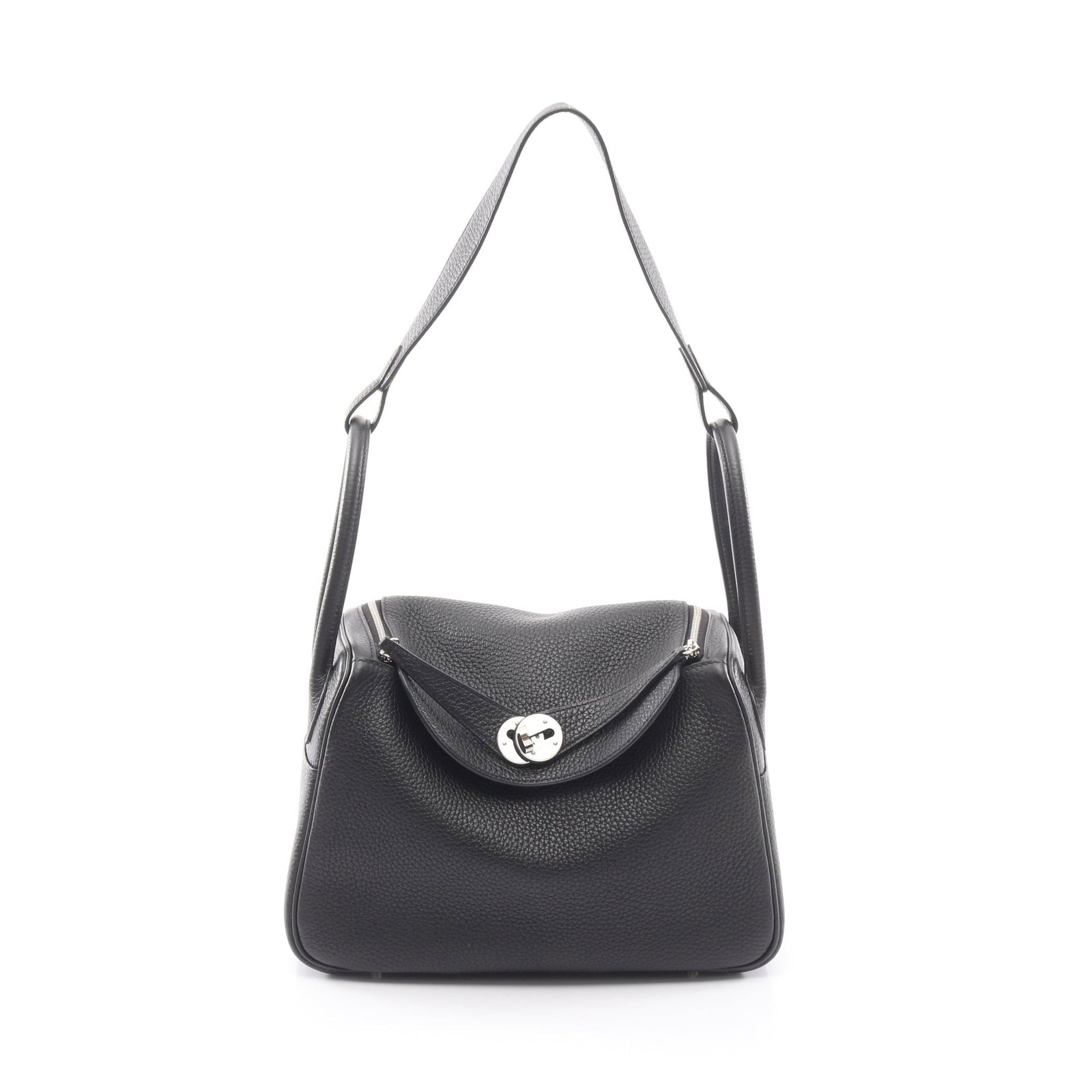 Hermes Lindy 26 Black: Black Clemence leather shoulder bag with silver-tone hardware.