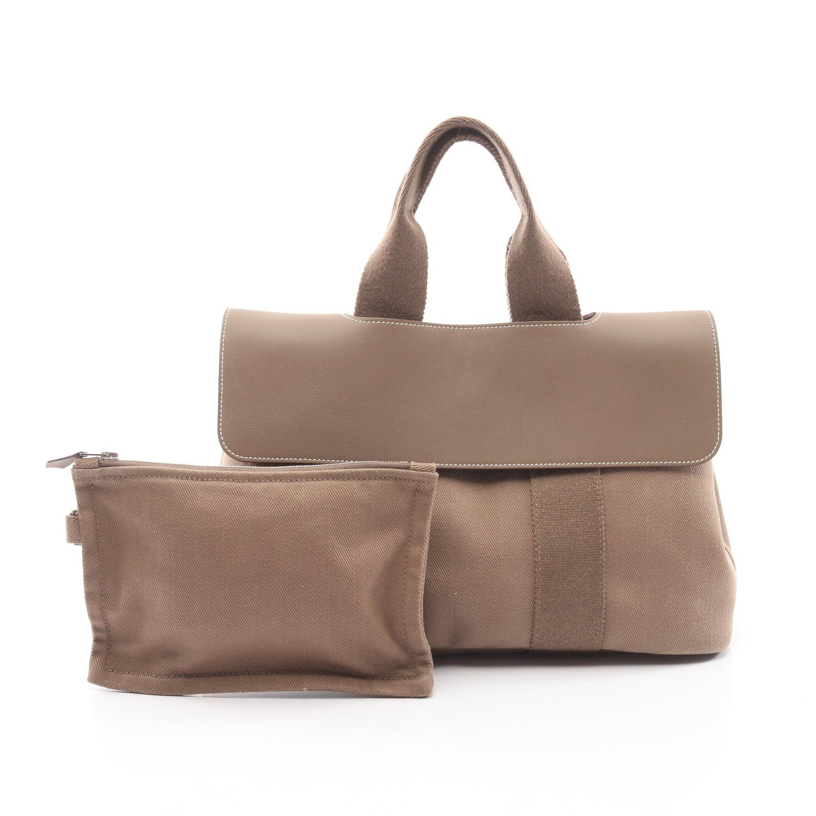 Hermes Valparaiso PM Etoupe: Valparaiso PM handbag in gray brown Toile Chevron and leather with silver hardware. Includes pouch. Size 30 x 21 x 14 cm.