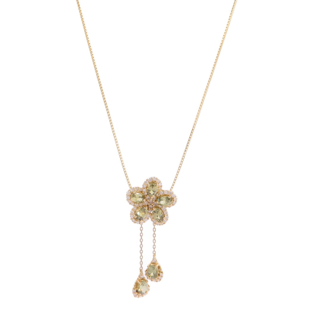 Demantoid Garnet Diamond Necklace YG: Demantoid garnet and diamond necklace in 18K yellow gold.