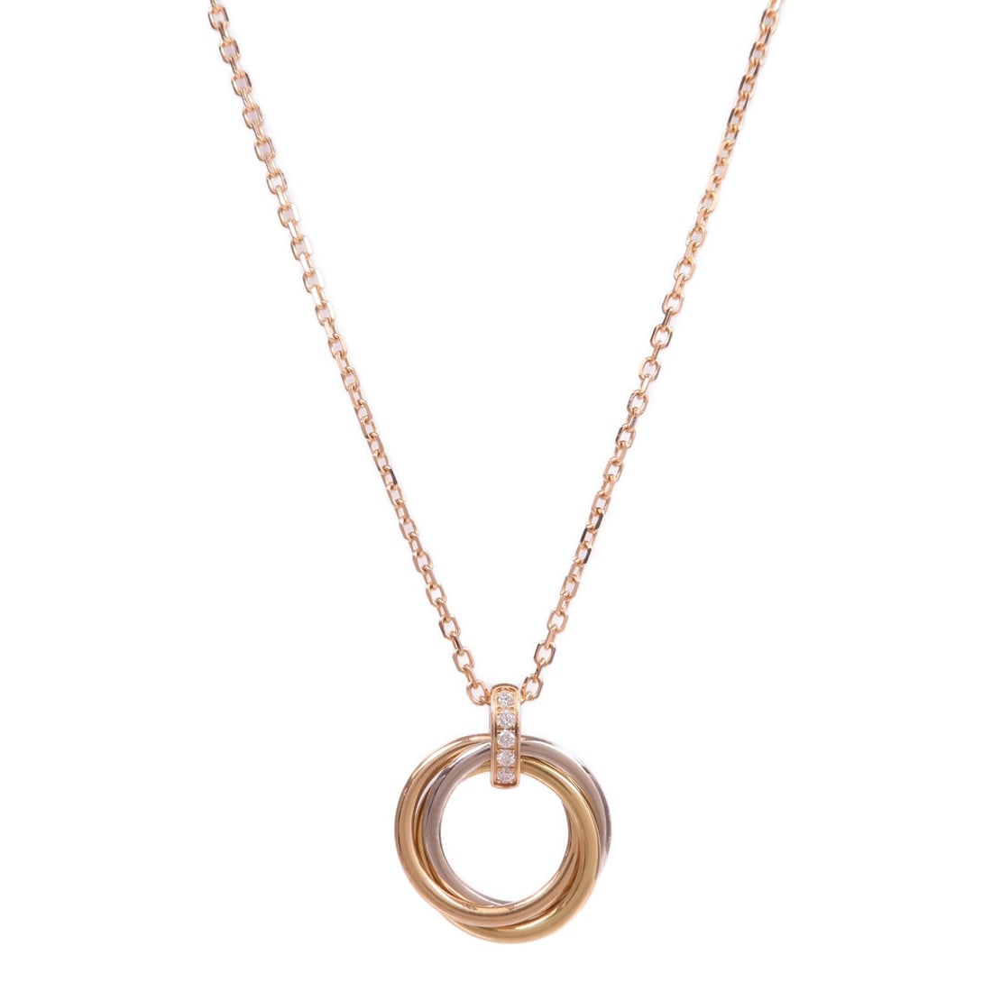 Cartier Trinity Diamond Necklace: Trinity diamond necklace in 18K yellow pink and white gold.