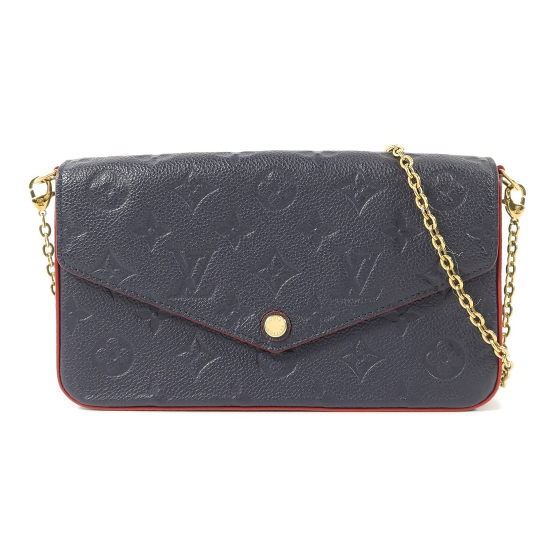 LV Felicie Empreinte Navy: Pochette Felicie shoulder bag in navy Monogram Empreinte calfskin. Includes shoulder strap and pouch. Size 21 x 12 x 3 cm.