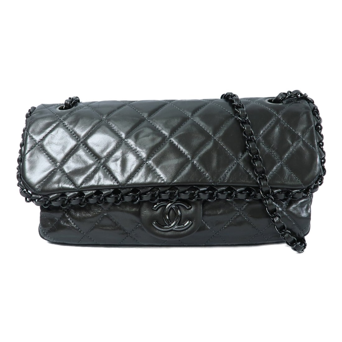 Chanel Chain Shoulder Bag Grey: Grey calfskin chain shoulder bag.