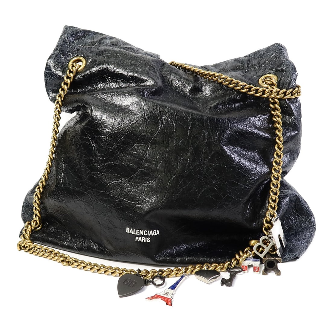 Balenciaga Crush Medium Tote Black: Crush Medium tote shoulder bag in black lambskin with gold hardware. Size 36 x 38 x 13 cm.