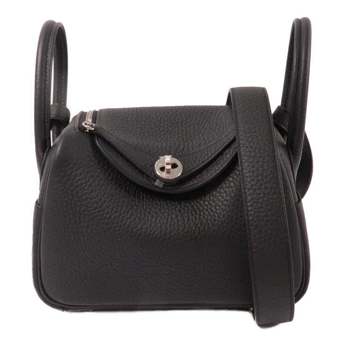Hermes Mini Lindy Noir: Noir Taurillon Clemence leather mini 2-way shoulder bag with palladium-tone hardware.