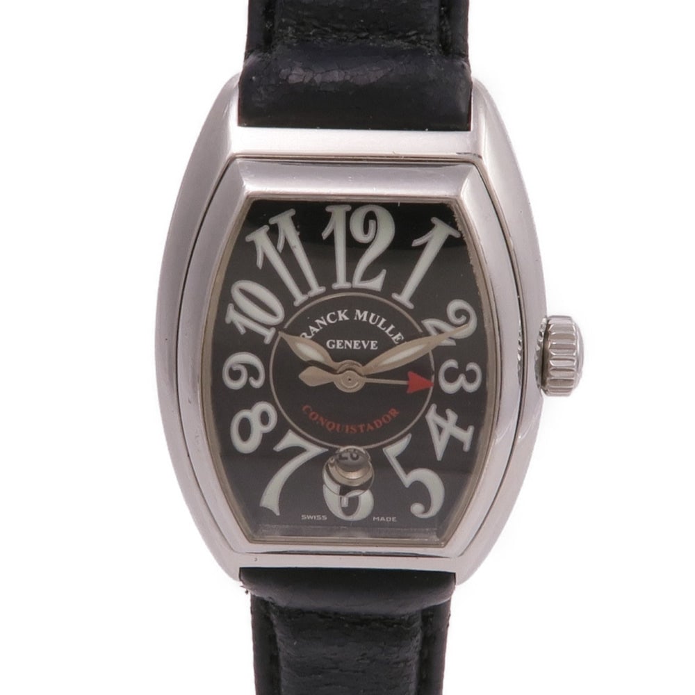 Franck Muller Conquistador 8001LSC: Quartz Conquistador 8001LSC in stainless steel with black dial. Case 39x28mm, wrist 13-17cm, band 13.5-15.5mm.