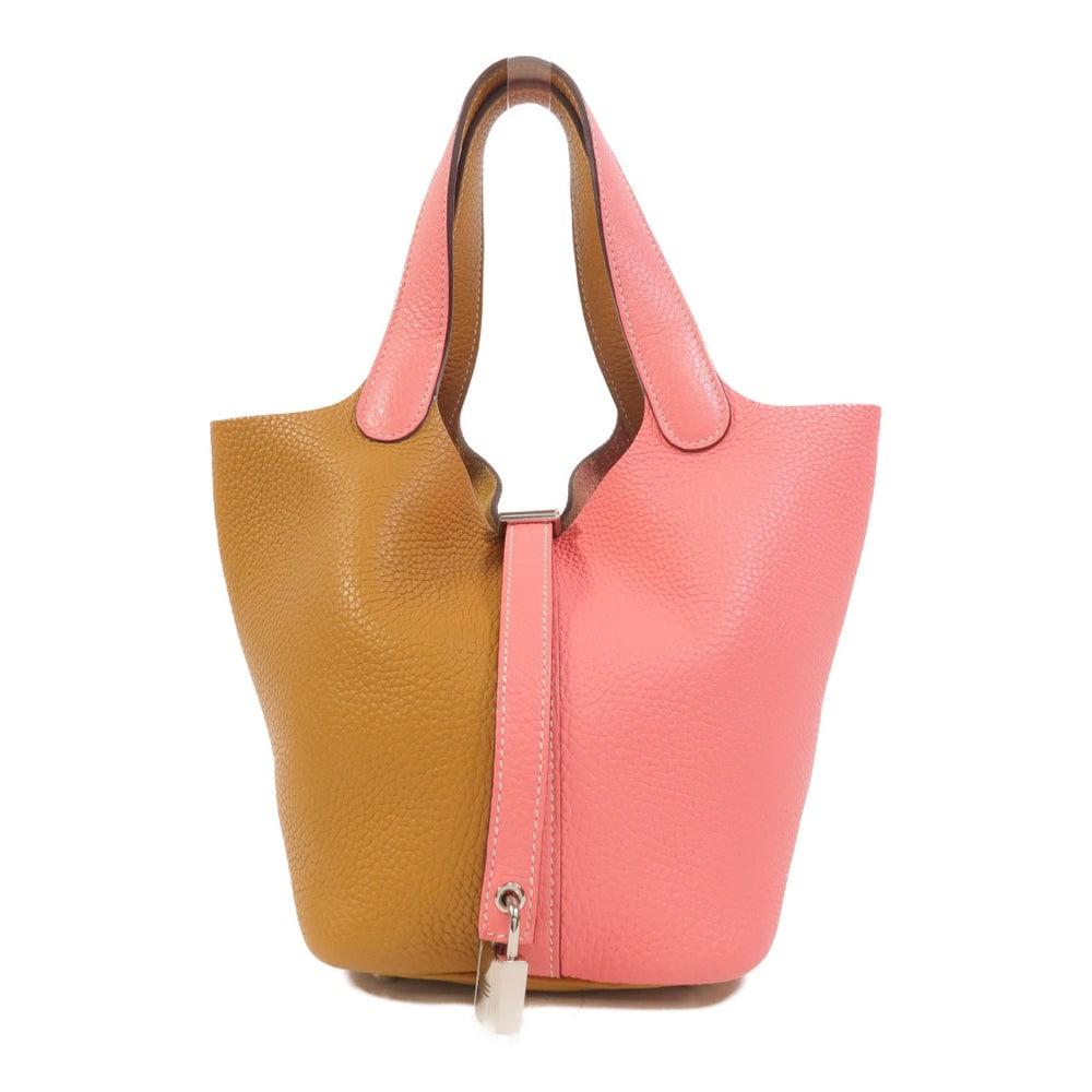 Hermes Picotin PM Rose Azalee: Rose Azalee and sesame Taurillon Clemence leather handbag with palladium-tone hardware.