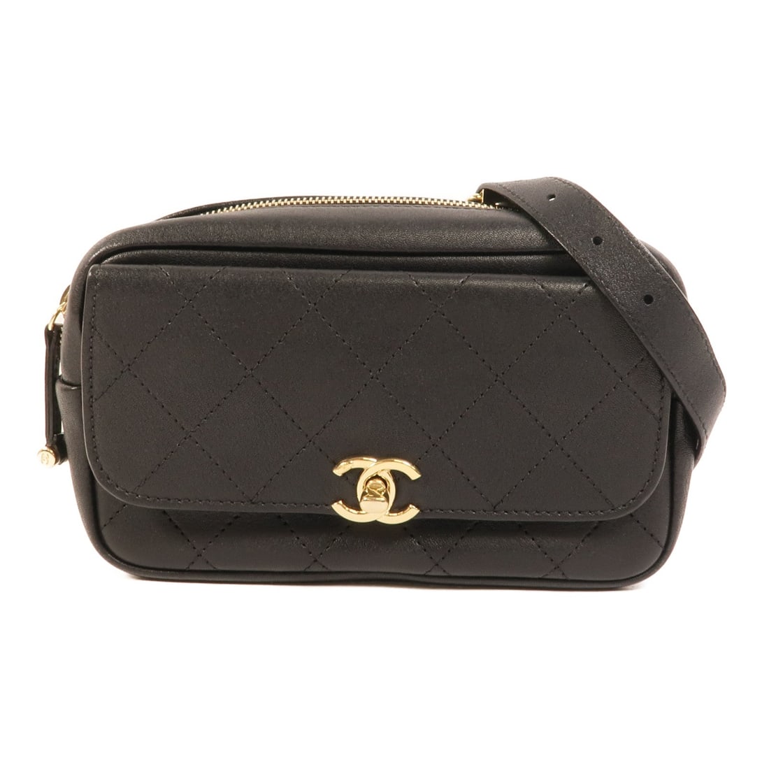 Chanel Waist Bag: Black calfskin waist bag.