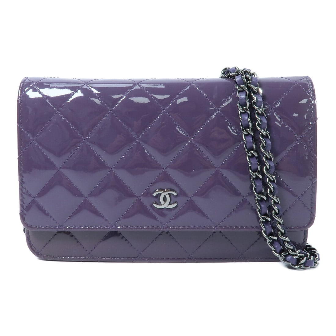 Chanel WOC Wallet on Chain: Purple patent leather wallet on chain.
