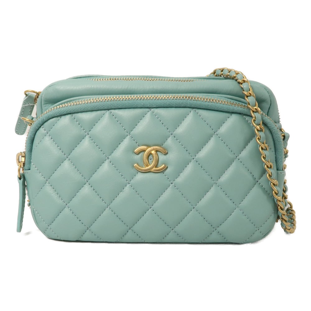 Chanel Camera Bag Chain: Light blue calfskin chain shoulder bag.