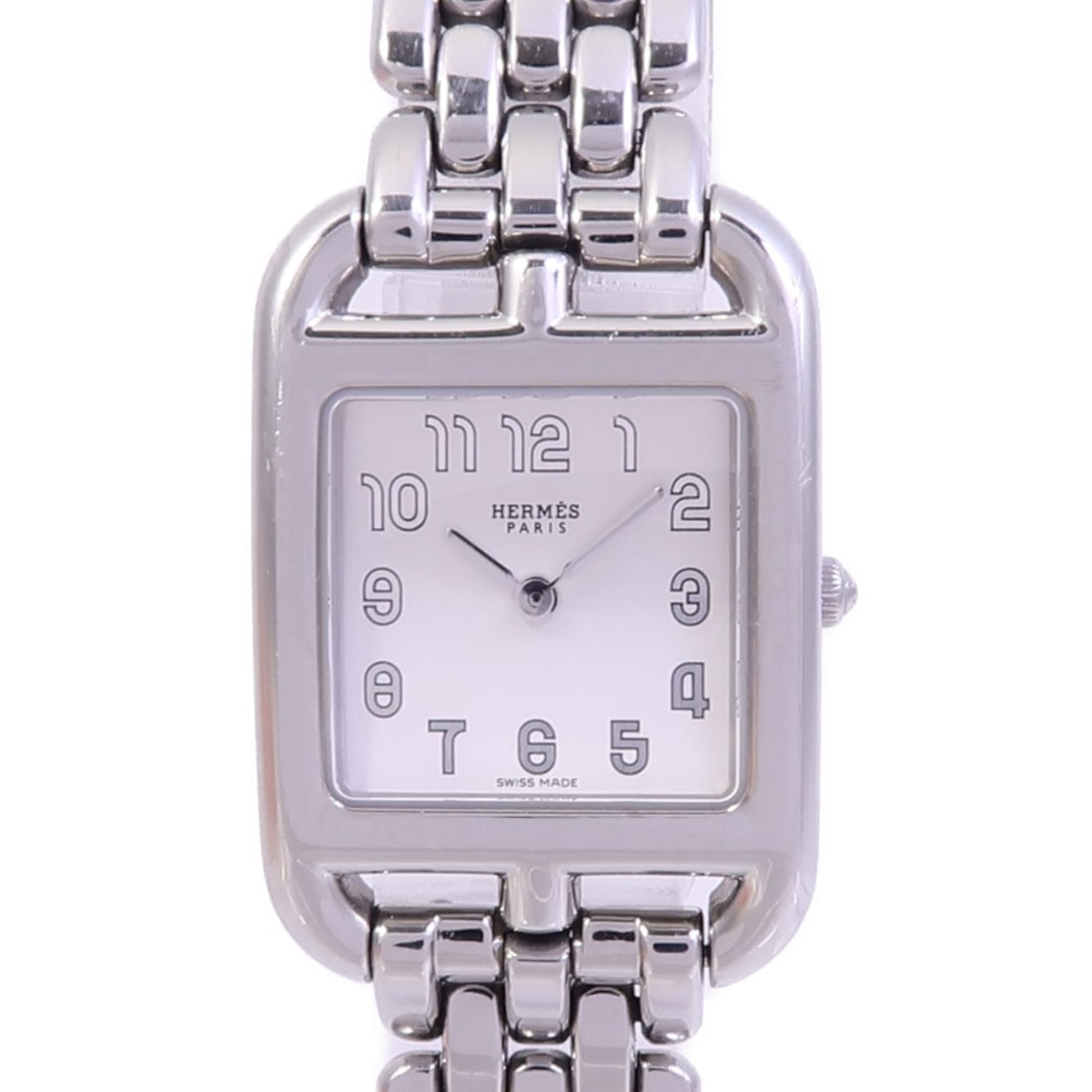 Hermes Cape Cod CC1.210A Quartz Silver: Quartz Cape Cod CC1.210A in stainless steel with silver dial. Case 33x23mm, max wrist 12.5cm, band 15mm. Includes storage box.