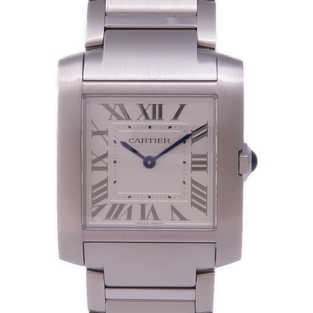 Cartier Tank Francaise WSTA0074 Quartz: Quartz Tank Francaise WSTA0074 in stainless steel with silver dial. Case 32x27mm, max wrist 17cm, band 19mm. Includes storage box, guarantee and case.
