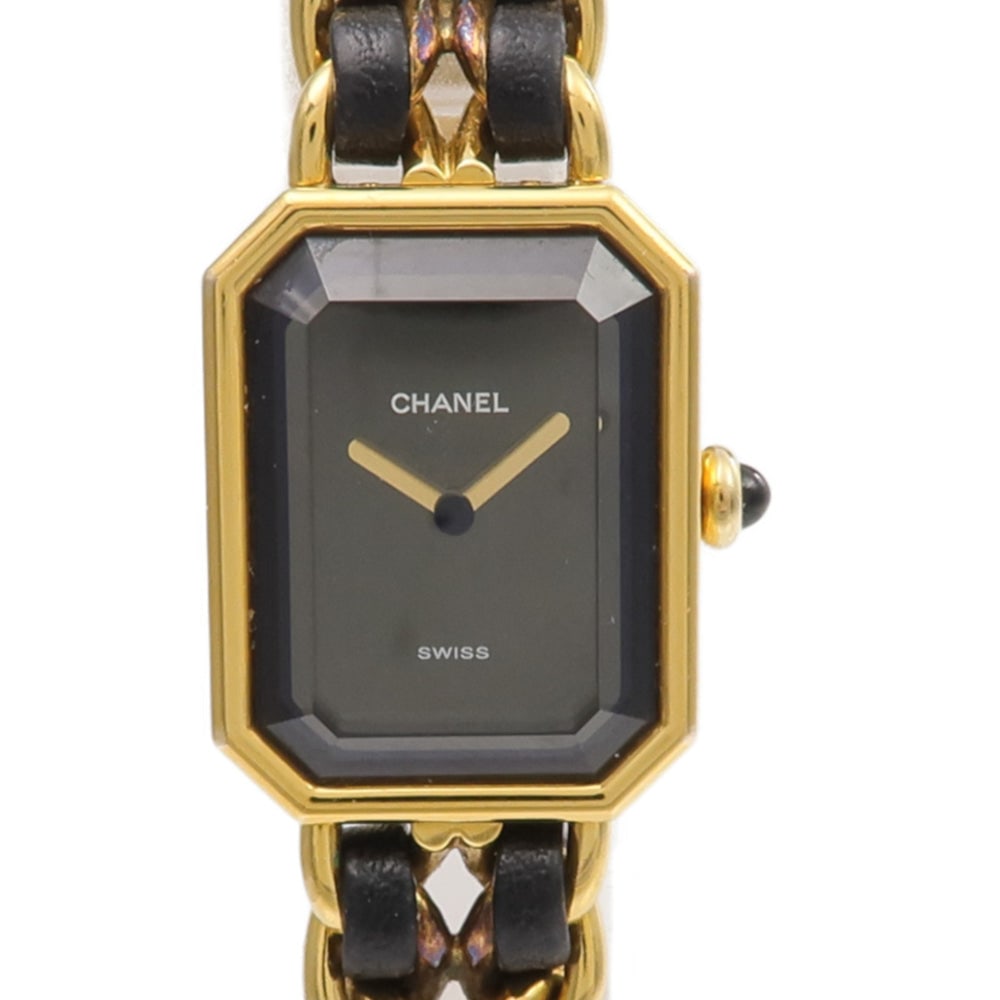 Chanel Premiere L H0001 Quartz Black: Quartz Premiere L H0001 in gold plated case with leather and black dial. Case 26x20mm, max wrist 16cm, band 12mm.